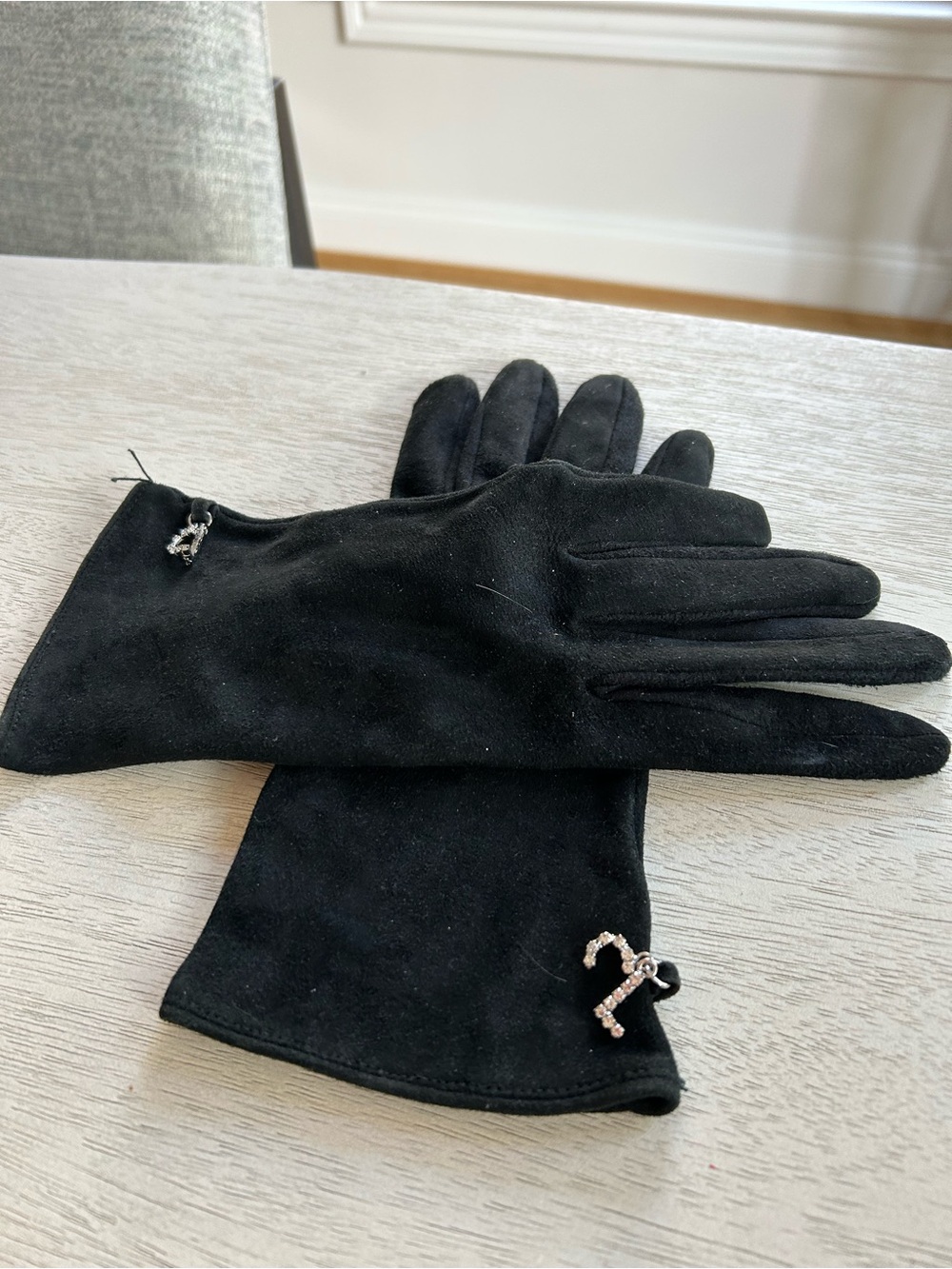 Black Suede Gloves with Rhinestone Number Accent